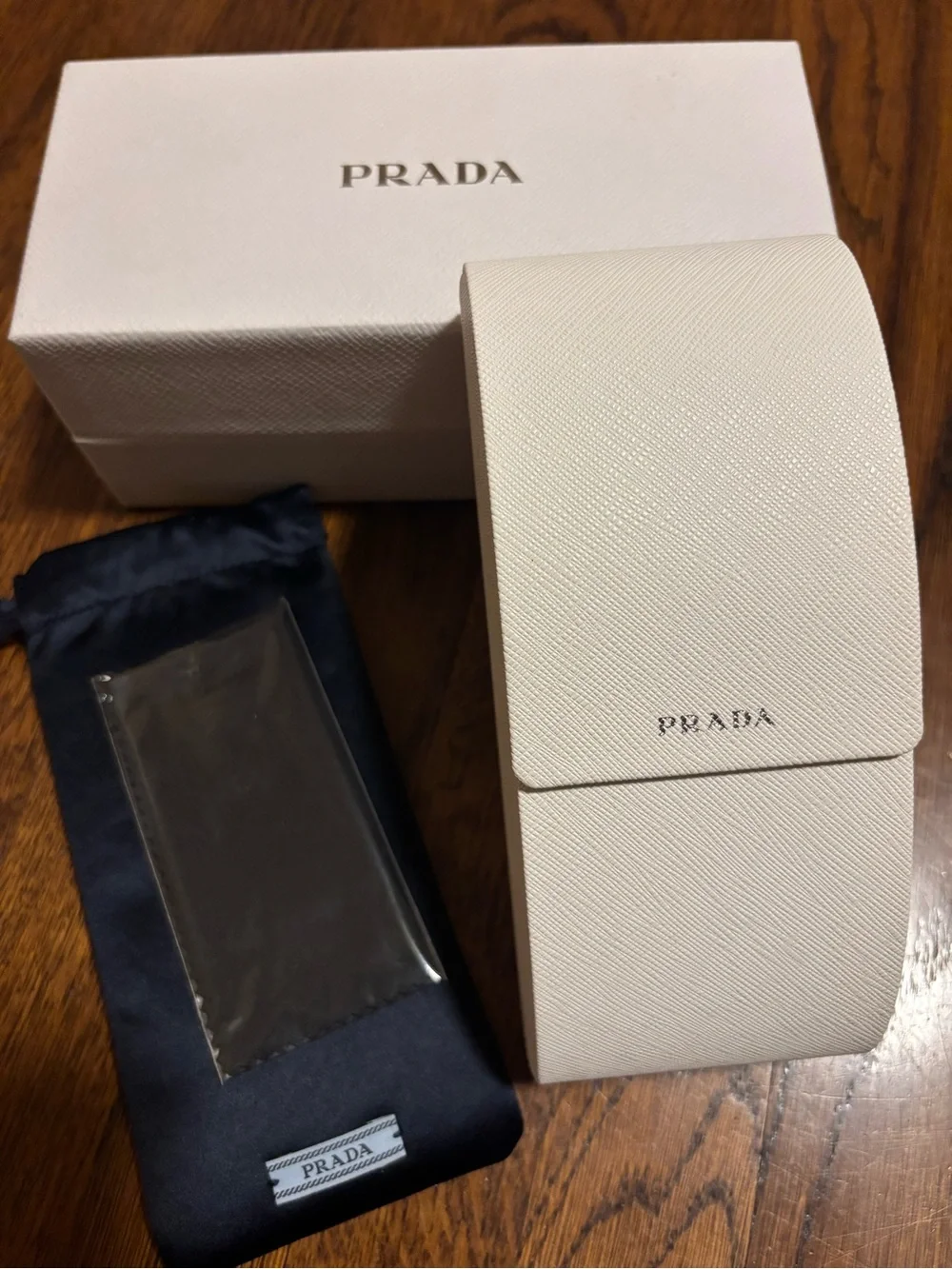 Prada White Saffiano Leather Eyewear Case with Navy Pouch